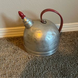 Silver Tea Kettle Wooden Top Aluminum Retro  USA Vintage Red Handle